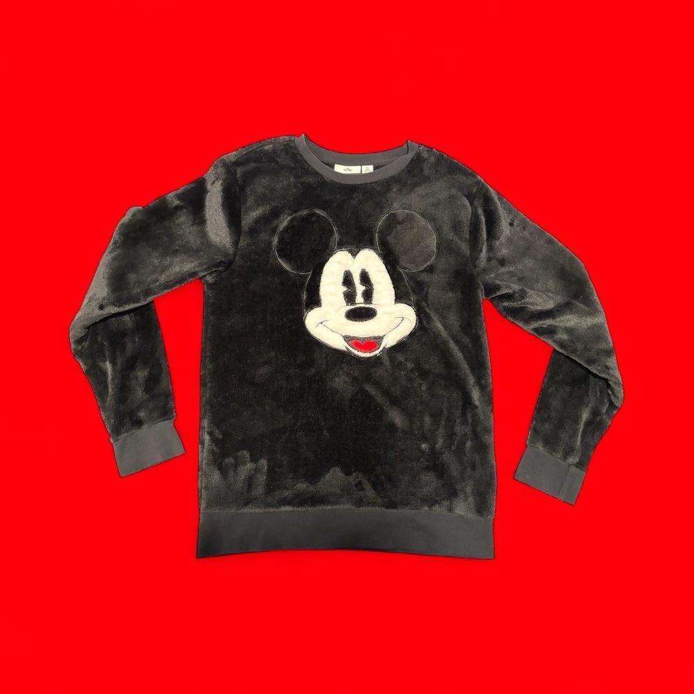 DISNEY Velour Soft Fleece‎ Mickey Mouse Pullover Black Sweater Sweatshirt Sz S